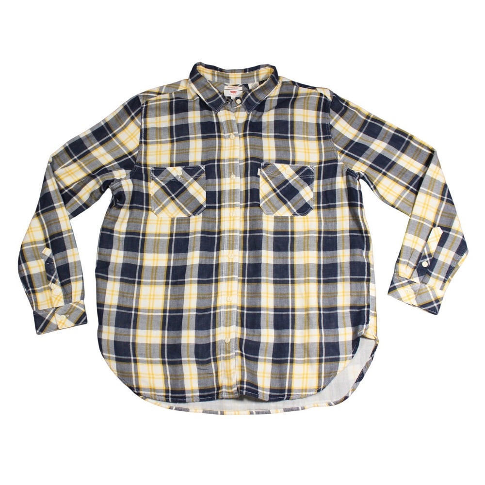 Levis Boyfriend Fit Flannel Shirt Womens XL Plaid Navy Blue Yellow Cotton Button
